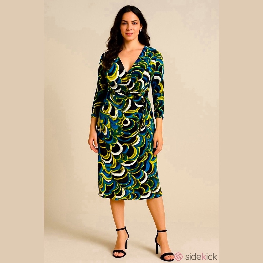 Tiana B. Blue & Green 90’s Y2K 3/4 Sleeve V Neck Swirl Abstract Wrap MIDI Dress